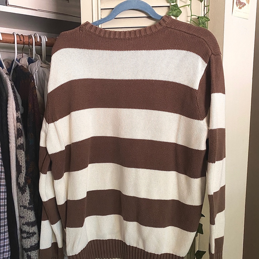 Brandy Melville Brown and White Striped Crewneck Sweater